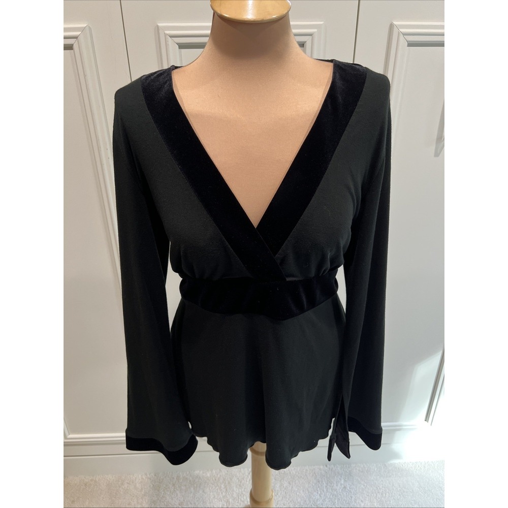 Inc Y2K Black Velvet Trim Babydoll Top Flare Sleeve Tie Back Witchy Whimsigoth
